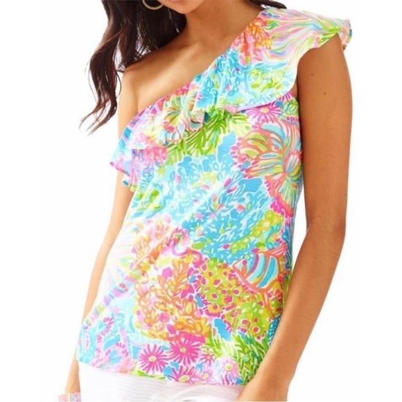 Lilly Pulitzer Tops - Lilly Pulitzer SeaSpray Blue Lovers Coral Print One Shoulder Neveah Top XS